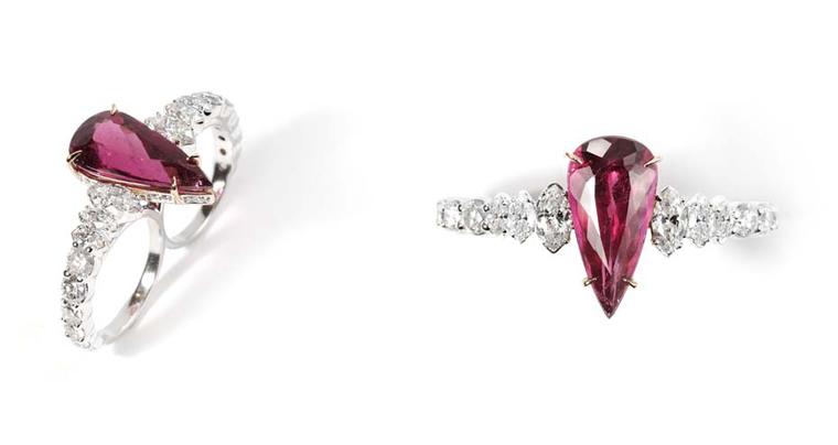Ara Vartanian two-finger diamond and pear-shaped rubellite ring in white gold.